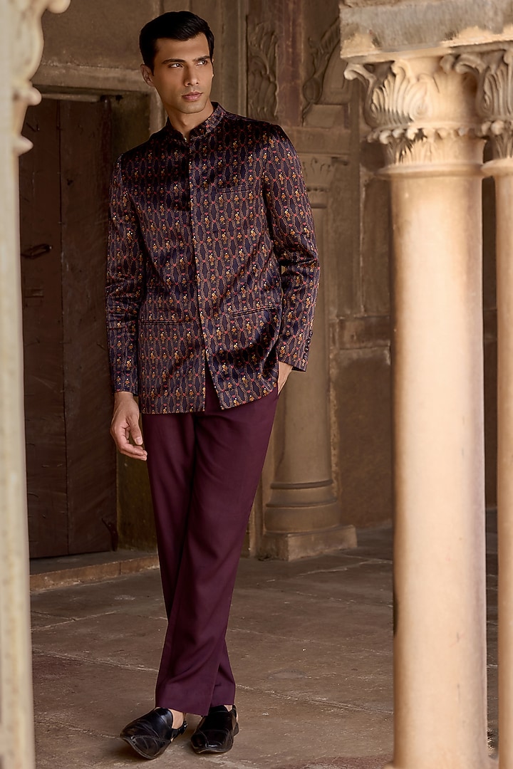 Raisin Purple Satin Floral Printed Achkan Set by Kalista Men at Pernia's Pop Up Shop