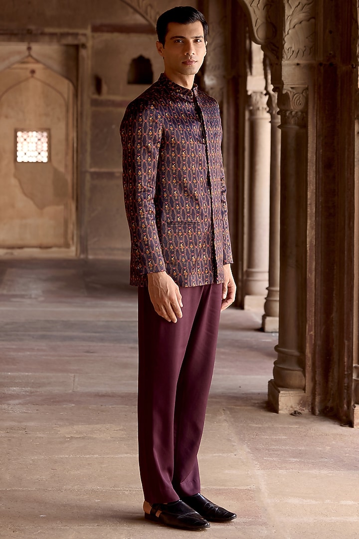 Raisin Purple Satin Floral Printed Achkan Set by Kalista Men at Pernia's Pop Up Shop