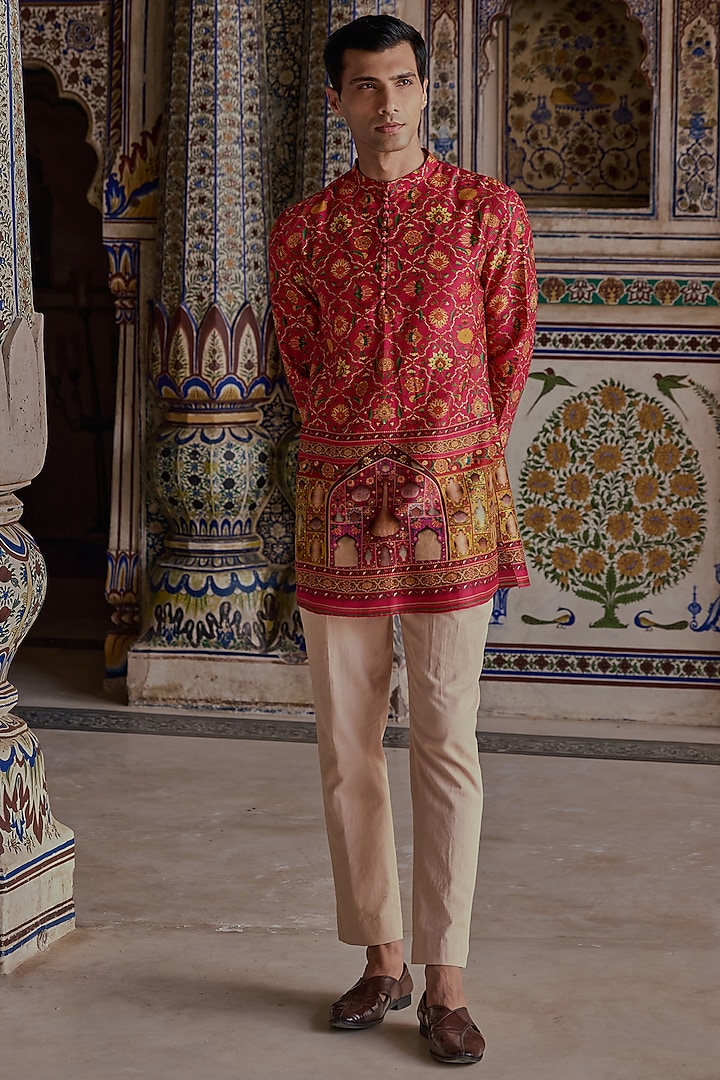 Hot Pink Satin Paisley Printed Kurta Set by Kalista Men