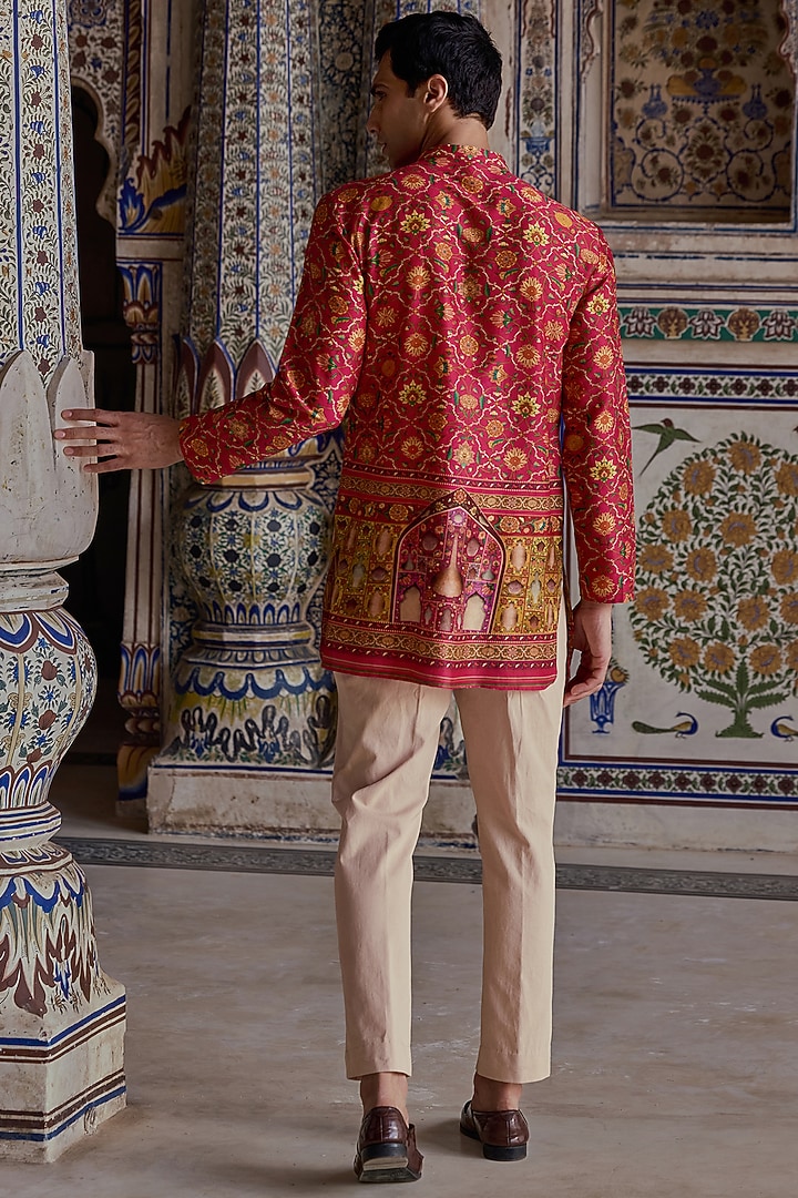 Hot Pink Satin Paisley Printed Kurta Set by Kalista Men at Pernia's Pop Up Shop