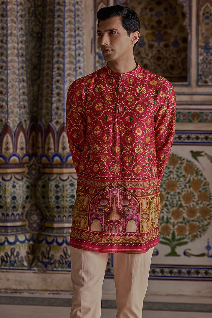 Hot Pink Satin Paisley Printed Kurta Set by Kalista Men at Pernia's Pop Up Shop