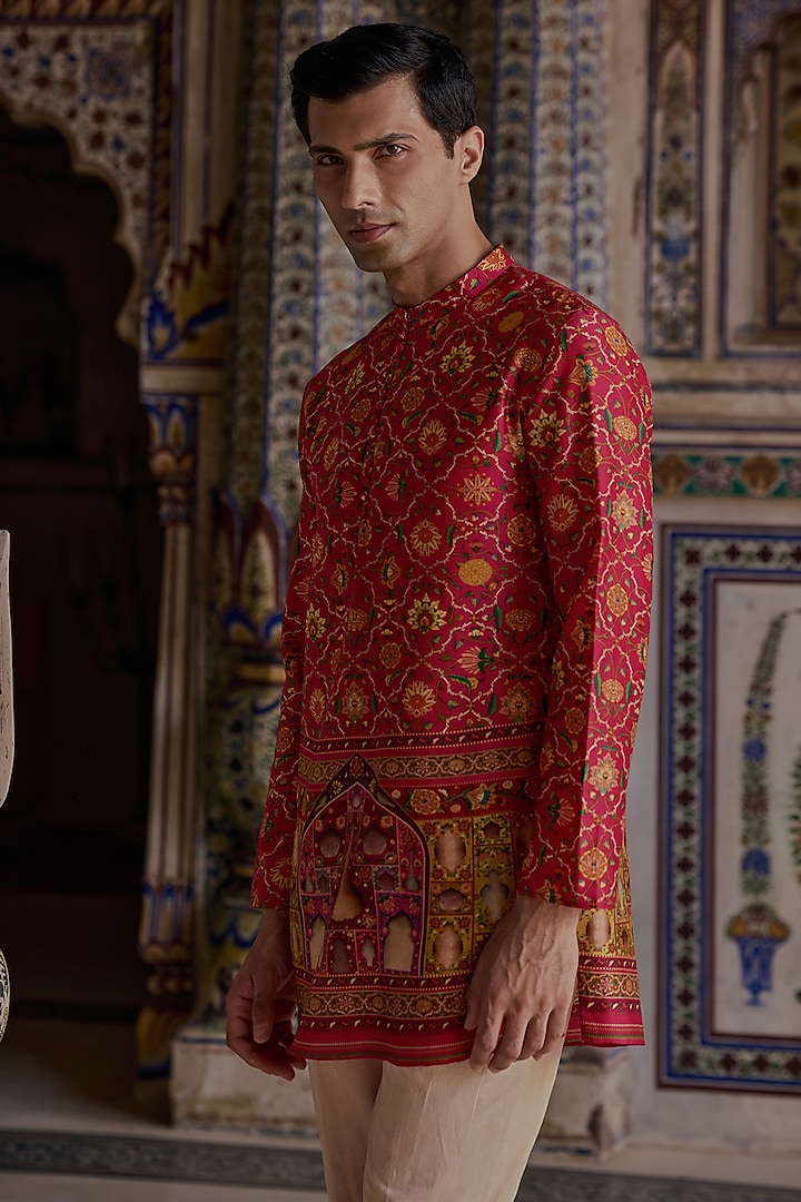 Hot Pink Satin Paisley Printed Kurta Set by Kalista Men at Pernia's Pop Up Shop