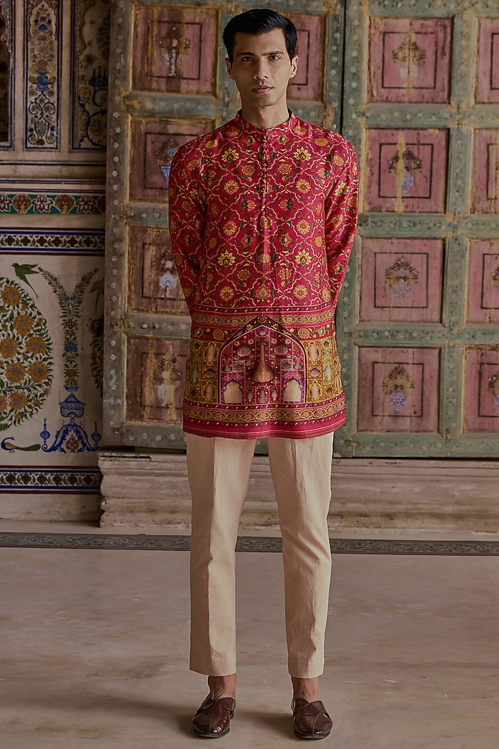 Hot Pink Satin Paisley Printed Kurta Set by Kalista Men at Pernia's Pop Up Shop