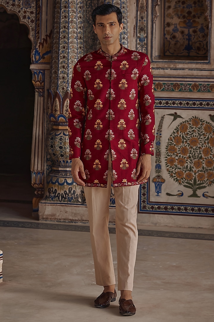 Crimson Red Silk Viscose Paisley Embroidered Achkan Set by Kalista Men at Pernia's Pop Up Shop