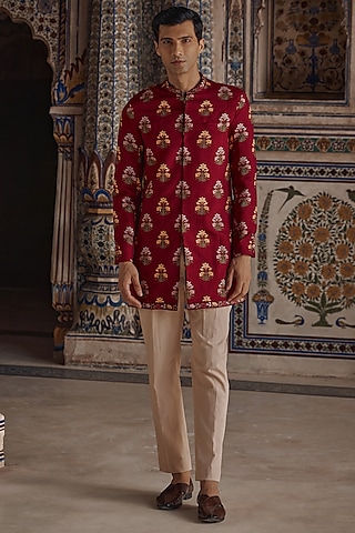 Crimson Red Silk Viscose Paisley Embroidered Achkan Set by Kalista Men