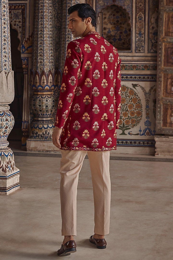 Crimson Red Silk Viscose Paisley Embroidered Achkan Set by Kalista Men at Pernia's Pop Up Shop