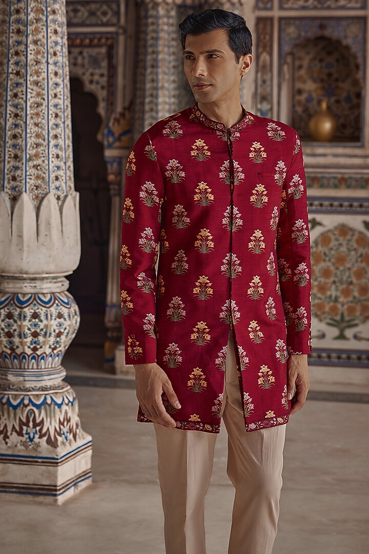 Crimson Red Silk Viscose Paisley Embroidered Achkan Set by Kalista Men at Pernia's Pop Up Shop