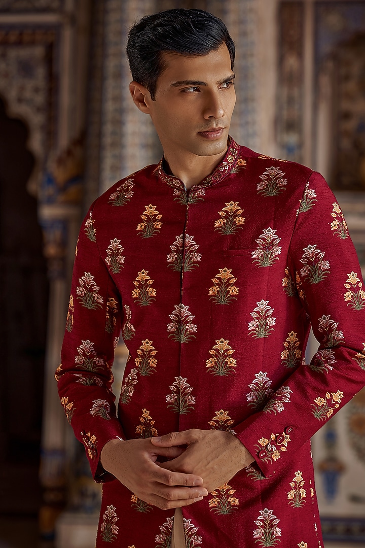 Crimson Red Silk Viscose Paisley Embroidered Achkan Set by Kalista Men at Pernia's Pop Up Shop