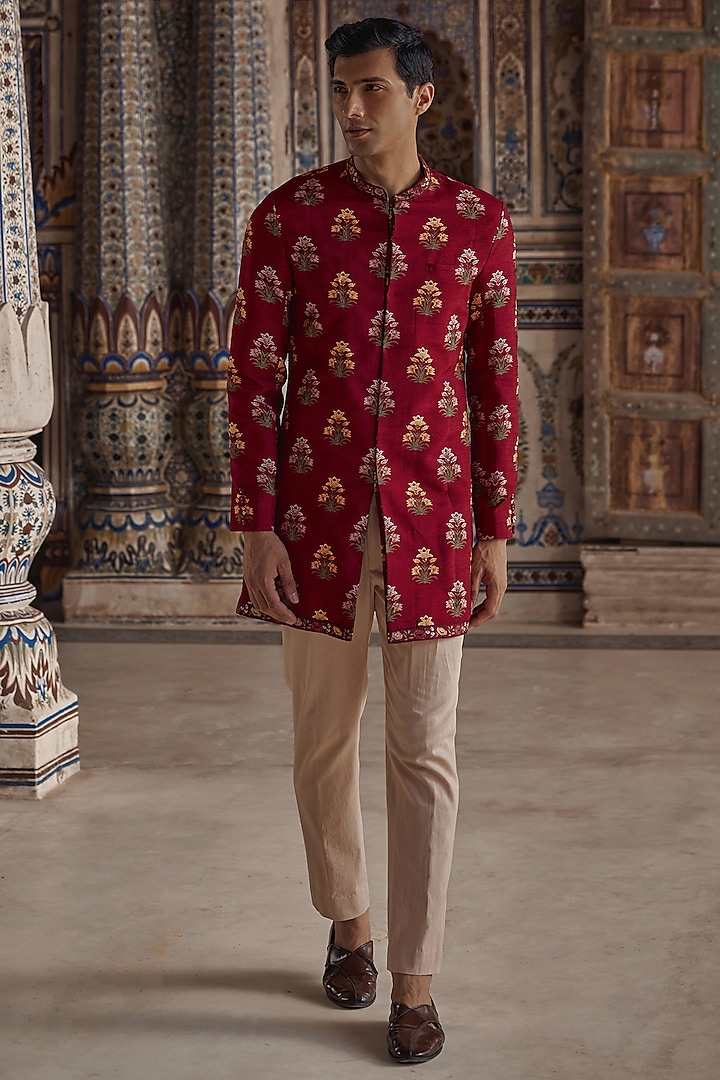 Crimson Red Silk Viscose Paisley Embroidered Achkan Set by Kalista Men at Pernia's Pop Up Shop