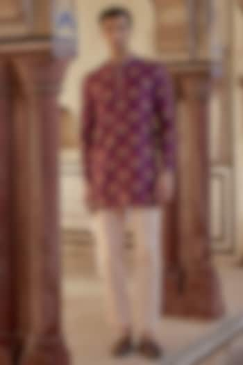 Sangria Chanderi Silk Floral Kurta Set by Kalista Men at Pernia's Pop Up Shop