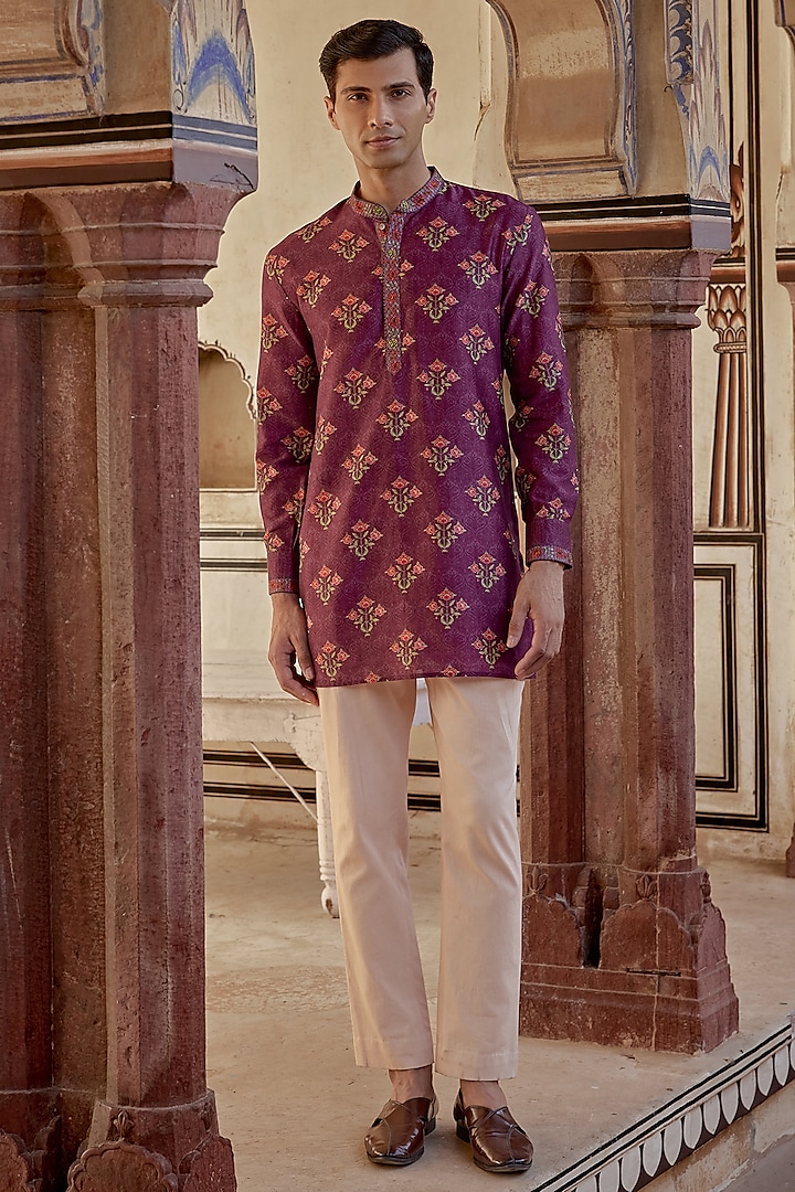 Sangria Chanderi Silk Floral Kurta Set by Kalista Men at Pernia's Pop Up Shop