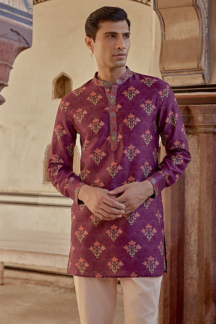 Sangria Chanderi Silk Floral Kurta Set by Kalista Men at Pernia's Pop Up Shop
