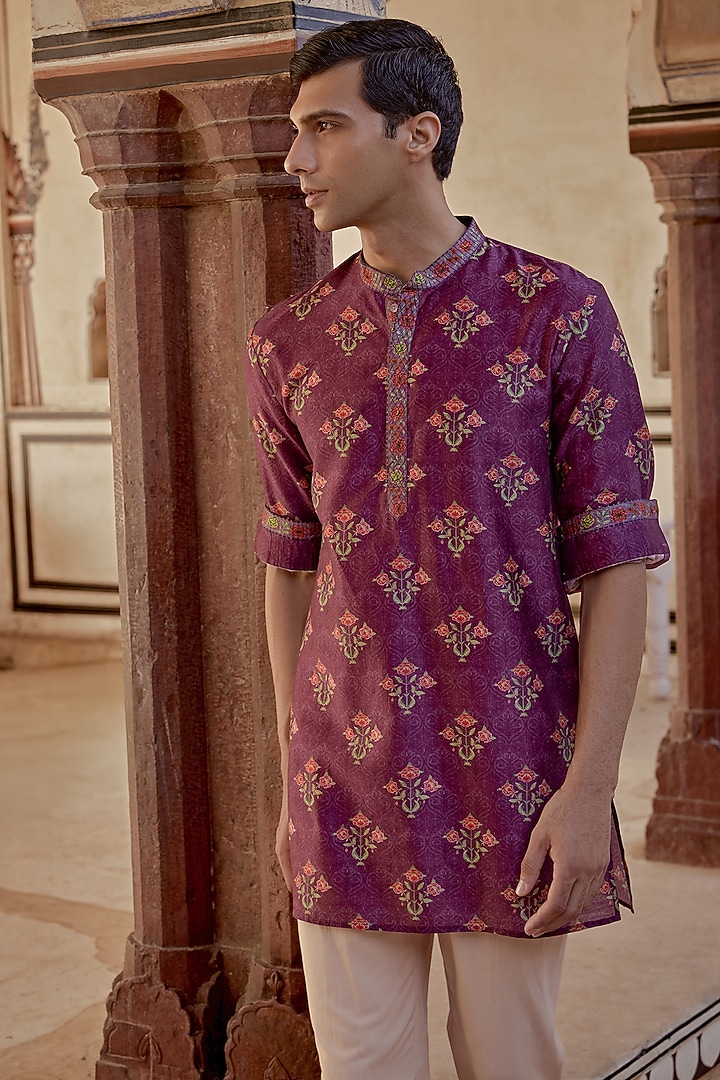 Sangria Chanderi Silk Floral Kurta Set by Kalista Men at Pernia's Pop Up Shop