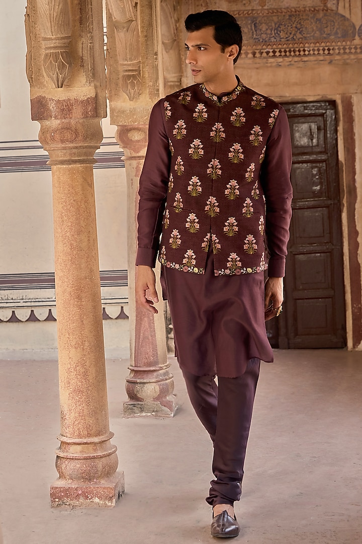 Dark Purple Chanderi Silk Floral Printed Bundi Jacket Set by Kalista Men at Pernia's Pop Up Shop