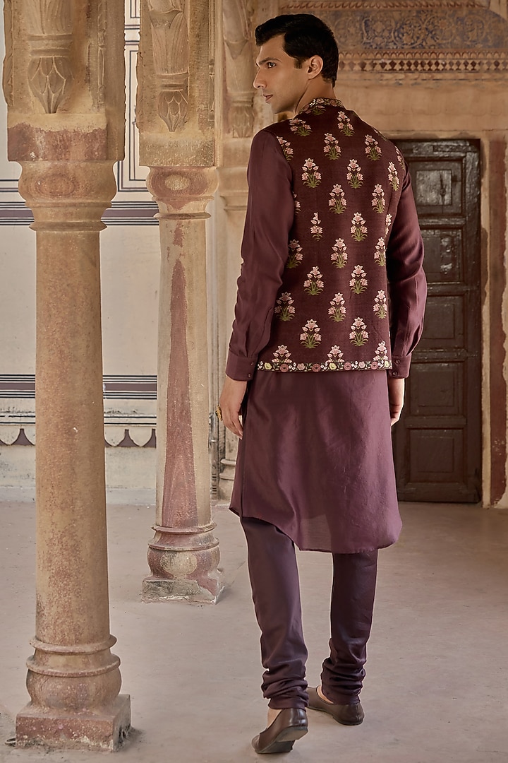 Dark Purple Chanderi Silk Floral Printed Bundi Jacket Set by Kalista Men at Pernia's Pop Up Shop