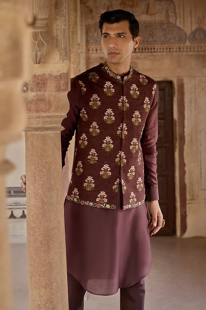 Dark Purple Chanderi Silk Floral Printed Bundi Jacket Set by Kalista Men at Pernia's Pop Up Shop