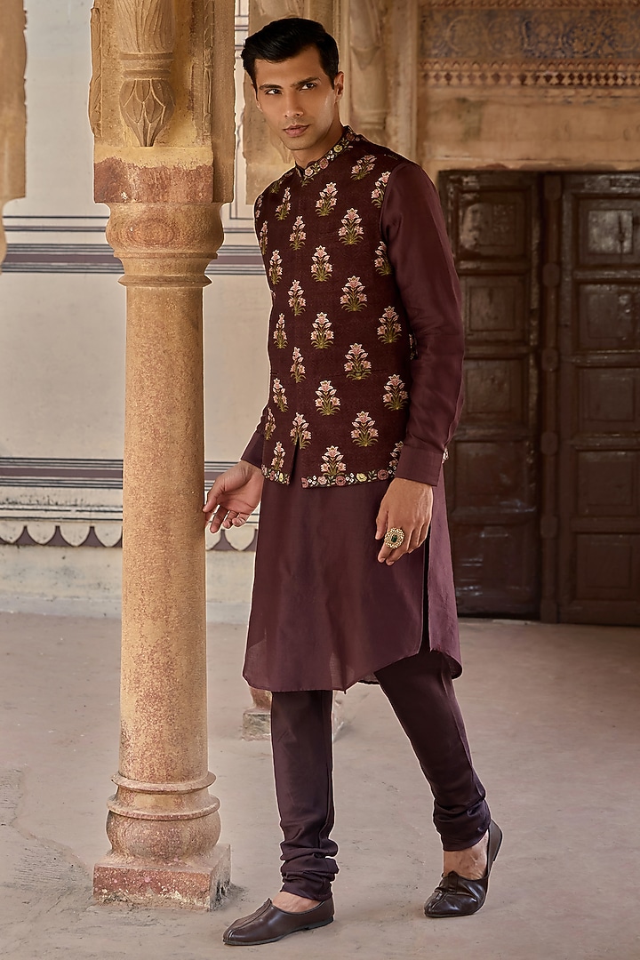 Dark Purple Chanderi Silk Floral Printed Bundi Jacket Set by Kalista Men at Pernia's Pop Up Shop
