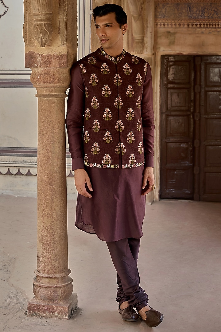 Dark Purple Chanderi Silk Floral Printed Bundi Jacket Set by Kalista Men at Pernia's Pop Up Shop
