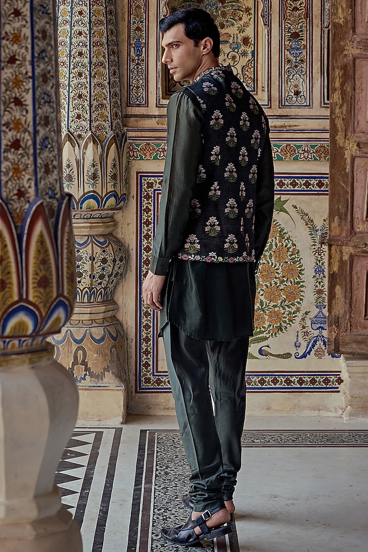 Dark Sage Chanderi Silk Floral Printed Bundi Jacket Set by Kalista Men at Pernia's Pop Up Shop