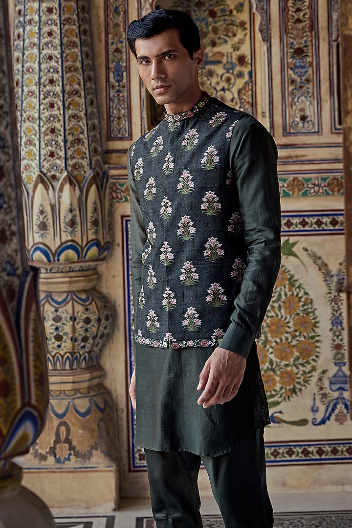 Dark Sage Chanderi Silk Floral Printed Bundi Jacket Set by Kalista Men at Pernia's Pop Up Shop