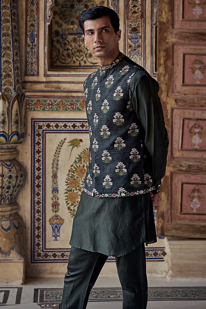 Dark Sage Chanderi Silk Floral Printed Bundi Jacket Set by Kalista Men at Pernia's Pop Up Shop