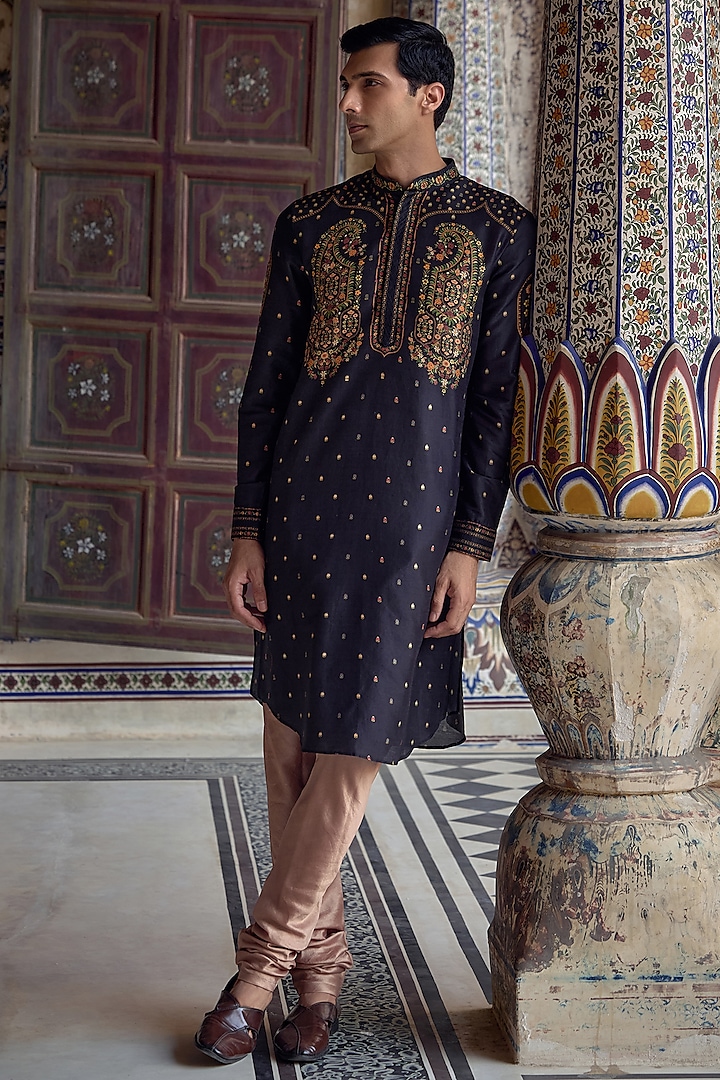 Navy Blue Chanderi Silk Paisley Motif Embroidered Kurta Set by Kalista Men at Pernia's Pop Up Shop