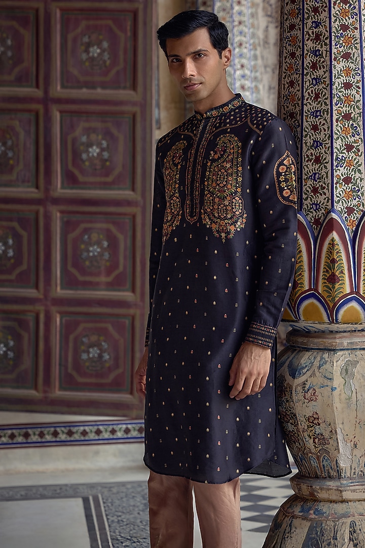 Navy Blue Chanderi Silk Paisley Motif Embroidered Kurta Set by Kalista Men at Pernia's Pop Up Shop