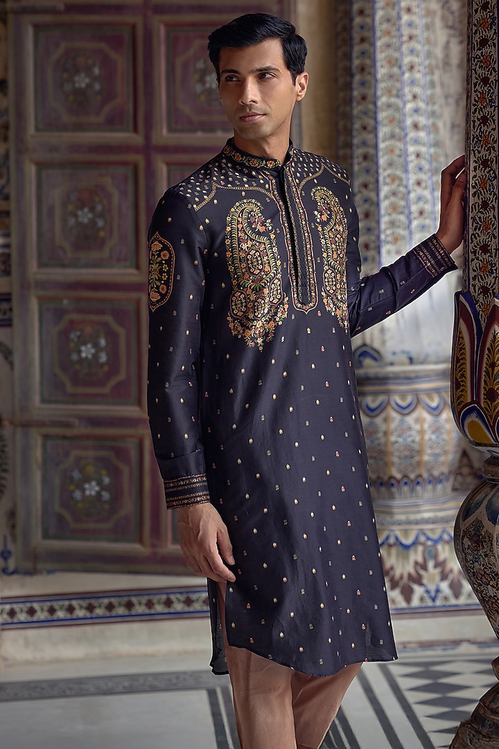 Navy Blue Chanderi Silk Paisley Motif Embroidered Kurta Set by Kalista Men at Pernia's Pop Up Shop