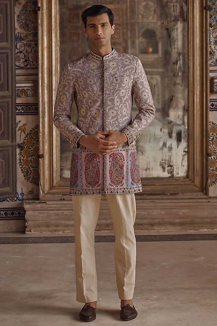 Lilac Silk Viscose Paisley Printed & Thread Work Achkan Set by Kalista Men