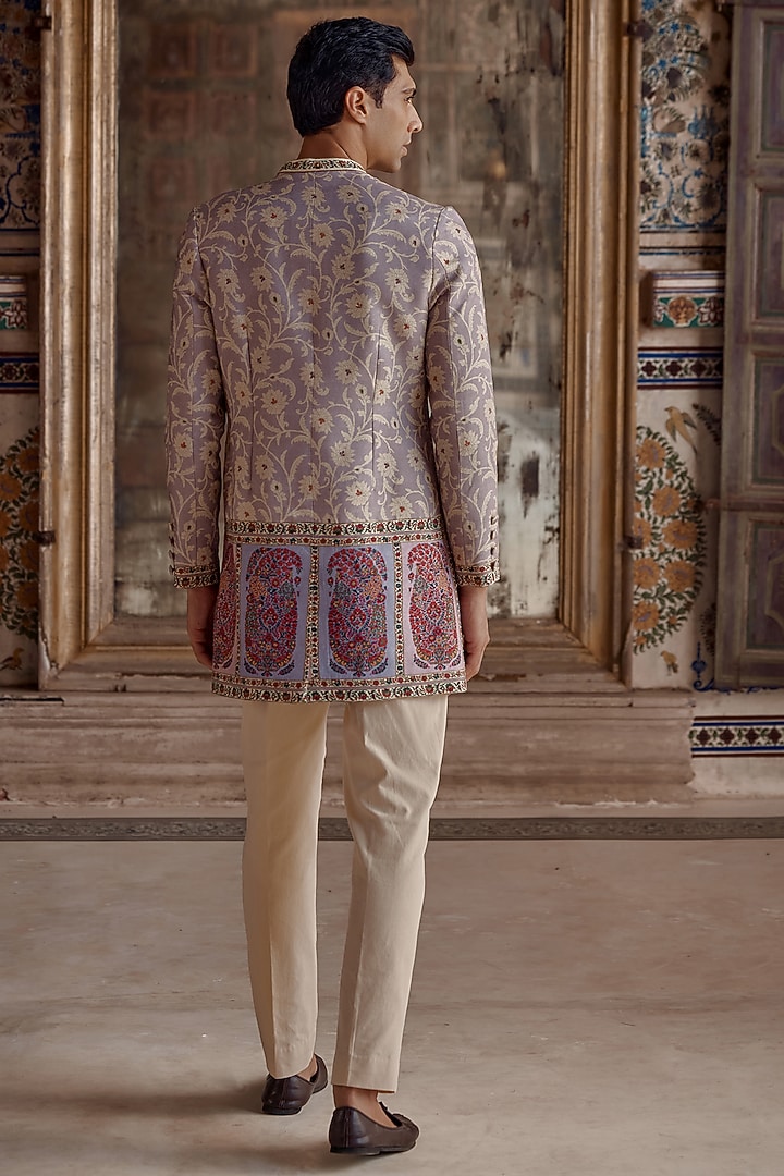 Lilac Silk Viscose Paisley Printed & Thread Work Achkan Set by Kalista Men at Pernia's Pop Up Shop