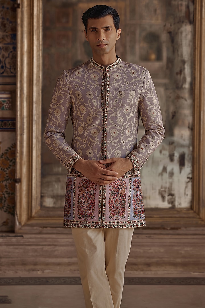 Lilac Silk Viscose Paisley Printed & Thread Work Achkan Set by Kalista Men at Pernia's Pop Up Shop