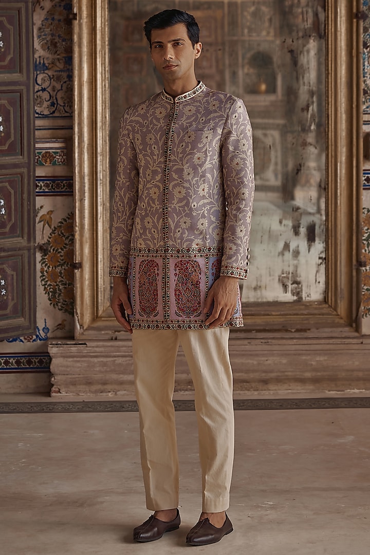 Lilac Silk Viscose Paisley Printed & Thread Work Achkan Set by Kalista Men at Pernia's Pop Up Shop