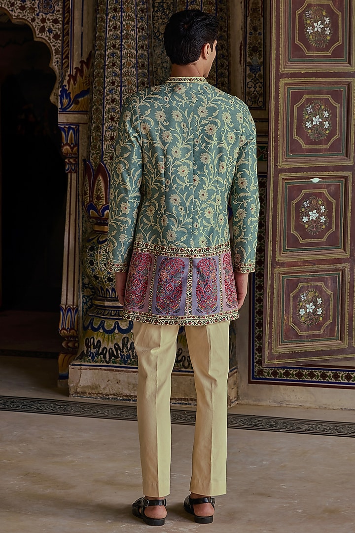 Teal Green Silk Viscose Paisley Printed & Thread Work Achkan Set by Kalista Men at Pernia's Pop Up Shop