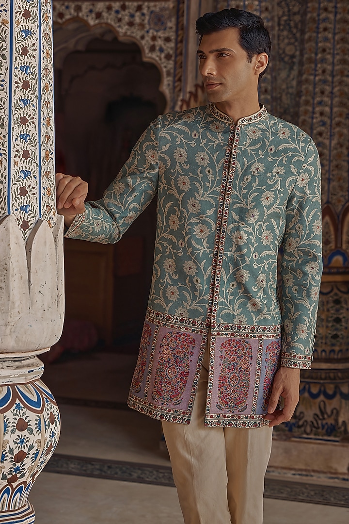 Teal Green Silk Viscose Paisley Printed & Thread Work Achkan Set by Kalista Men at Pernia's Pop Up Shop
