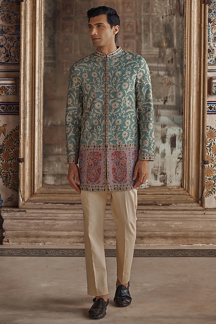 Teal Green Silk Viscose Paisley Printed & Thread Work Achkan Set by Kalista Men at Pernia's Pop Up Shop