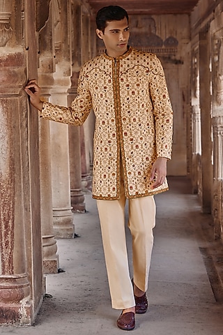 Ivory Silk Viscose Paisley Achkan Set by Kalista Men