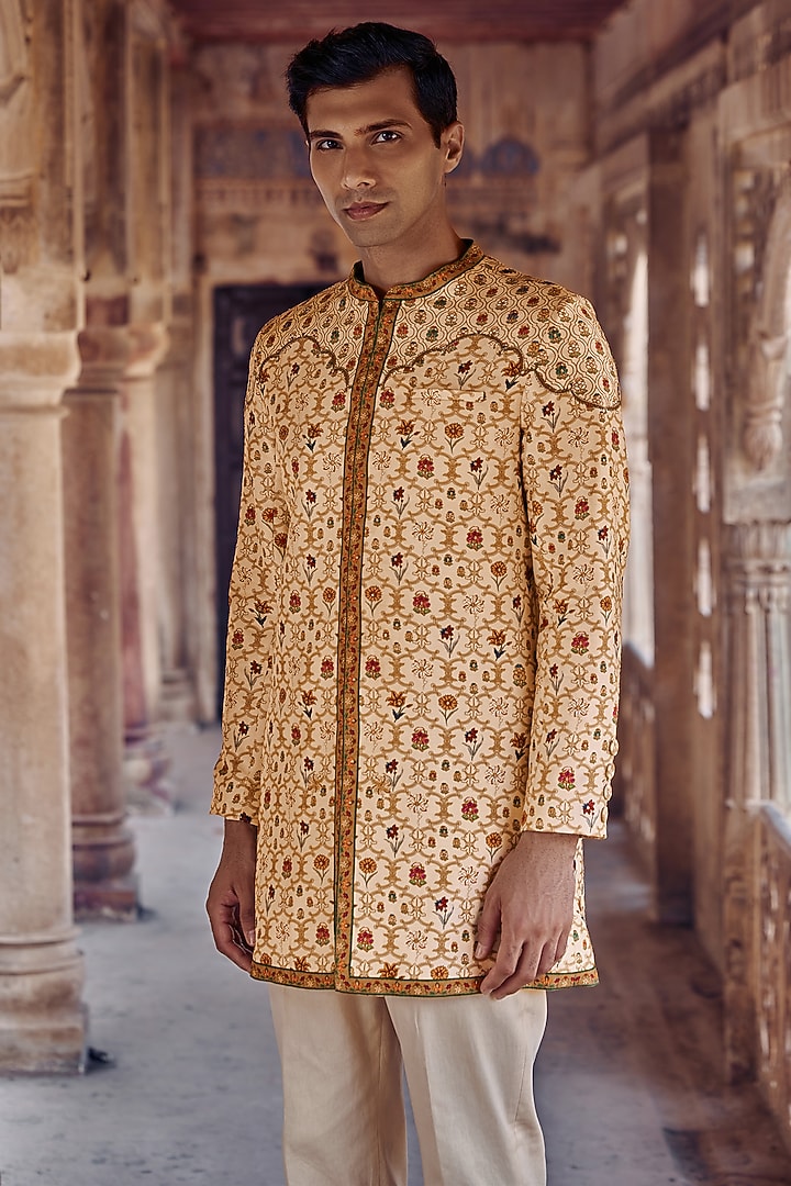 Ivory Silk Viscose Paisley Achkan Set by Kalista Men at Pernia's Pop Up Shop