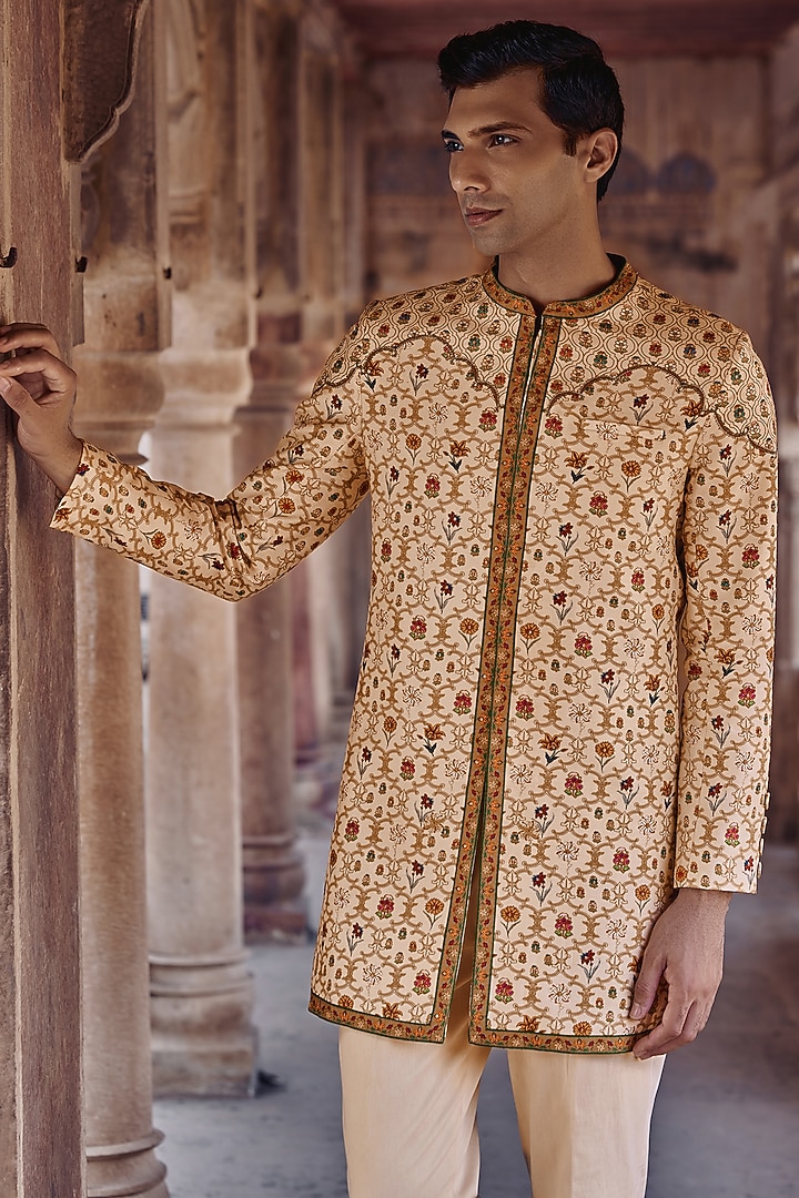 Ivory Silk Viscose Paisley Achkan Set by Kalista Men at Pernia's Pop Up Shop
