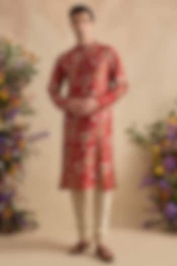 Crimson Chanderi Silk Floral Printed Kurta Set by Kalista Men at Pernia's Pop Up Shop