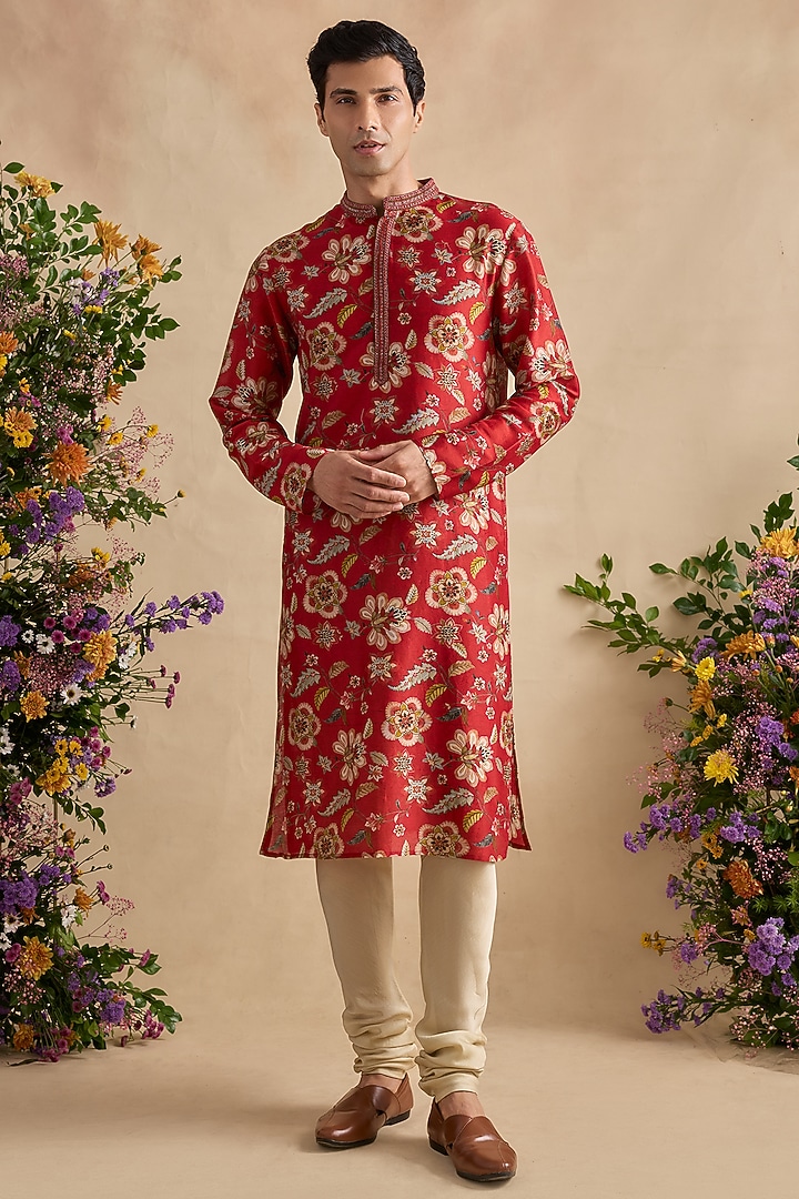 Crimson Chanderi Silk Floral Printed Kurta Set by Kalista Men at Pernia's Pop Up Shop
