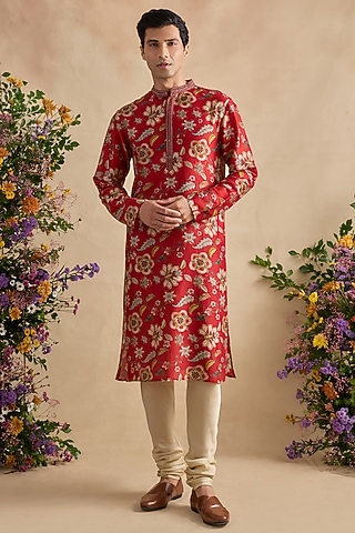 Crimson Chanderi Silk Floral Printed Kurta Set by Kalista Men