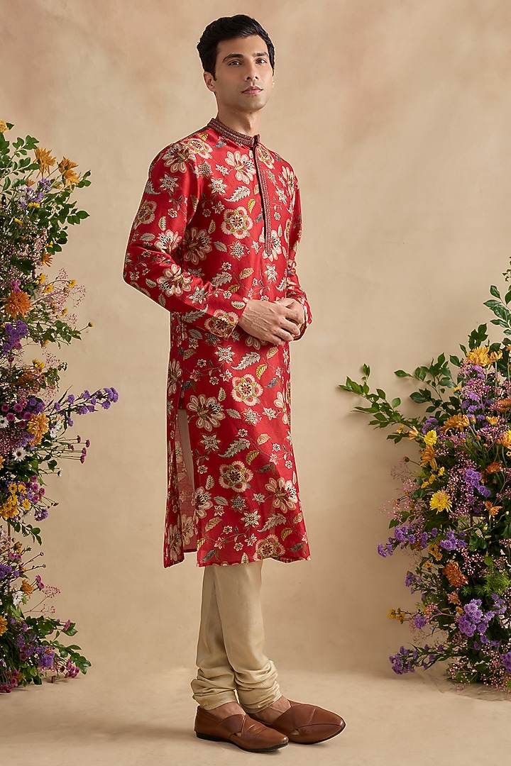 Crimson Chanderi Silk Floral Printed Kurta Set by Kalista Men at Pernia's Pop Up Shop