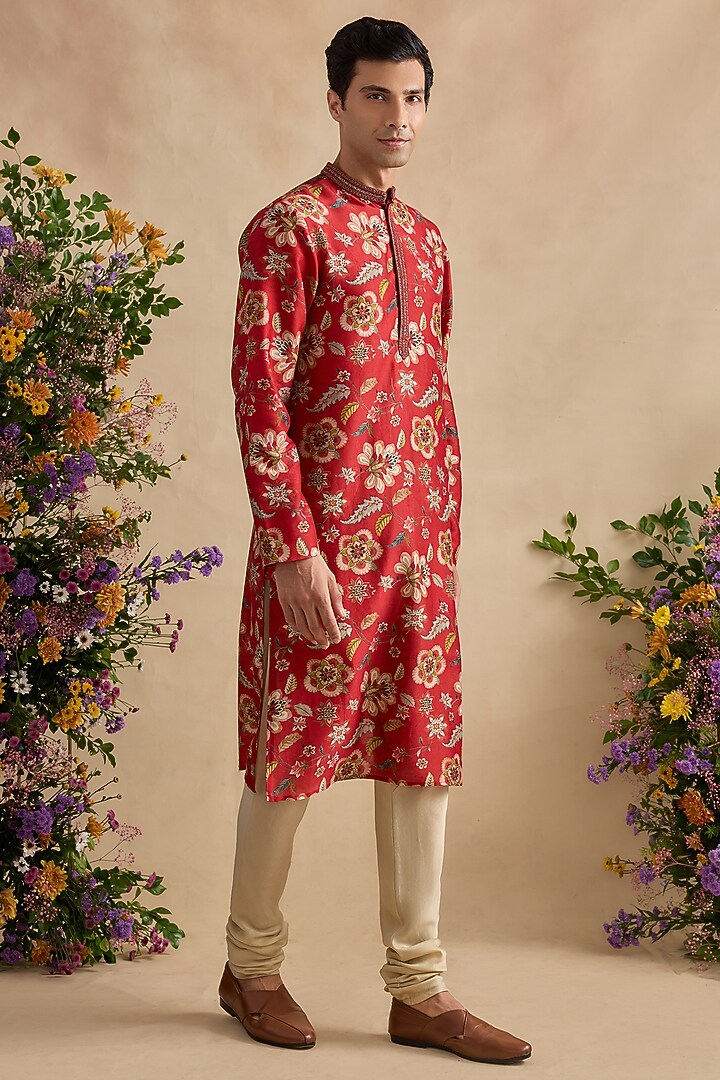 Crimson Chanderi Silk Floral Printed Kurta Set by Kalista Men at Pernia's Pop Up Shop