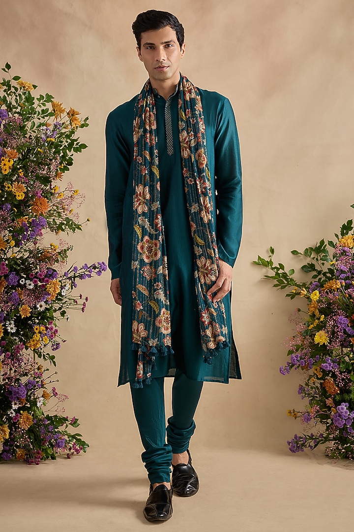 Midnight Green Chanderi Silk Kurta Set by Kalista Men at Pernia's Pop Up Shop