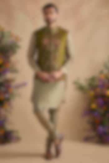 Mehendi Green Viscose Silk & Chanderi Floral Bundi Jacket Set by Kalista Men at Pernia's Pop Up Shop