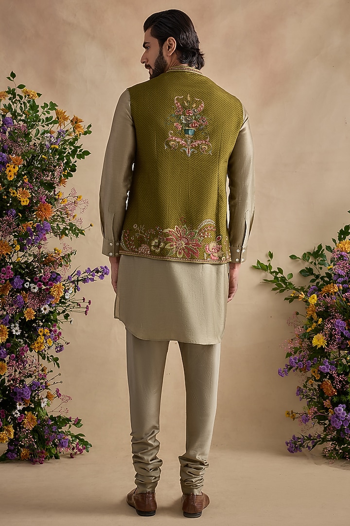 Mehendi Green Viscose Silk & Chanderi Floral Bundi Jacket Set by Kalista Men at Pernia's Pop Up Shop