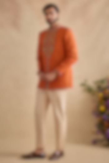 Orange Viscose Silk & Chanderi Embellished Wedding Bandhgala Set by Kalista Men at Pernia's Pop Up Shop