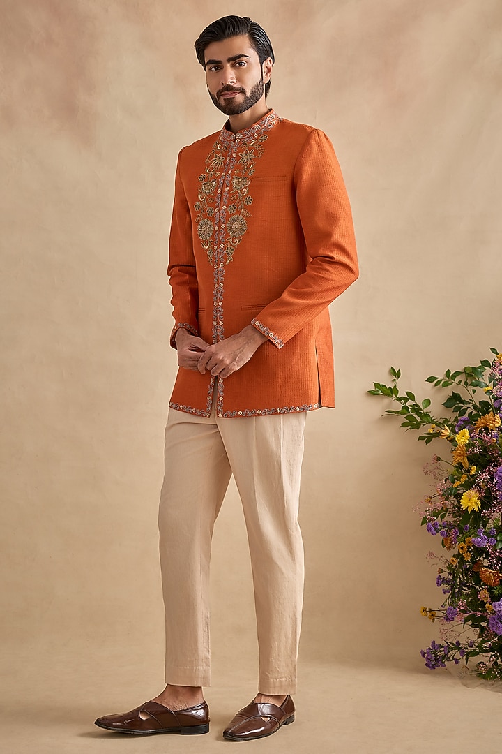 Orange Viscose Silk & Chanderi Embellished Wedding Bandhgala Set by Kalista Men at Pernia's Pop Up Shop