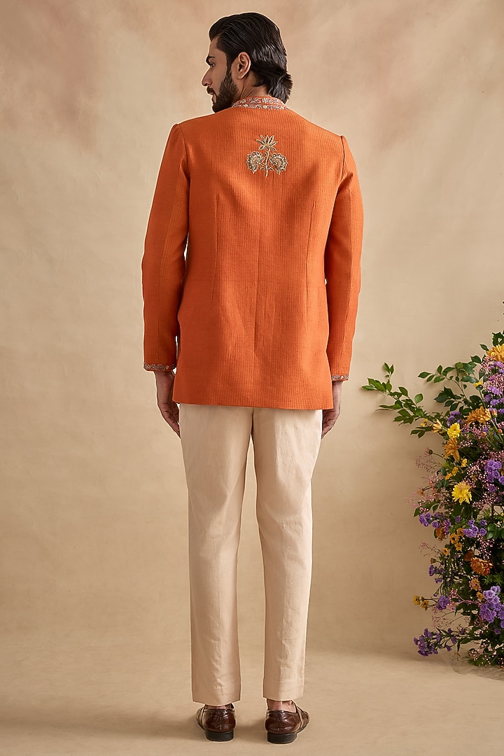 Orange Viscose Silk & Chanderi Embellished Wedding Bandhgala Set by Kalista Men at Pernia's Pop Up Shop