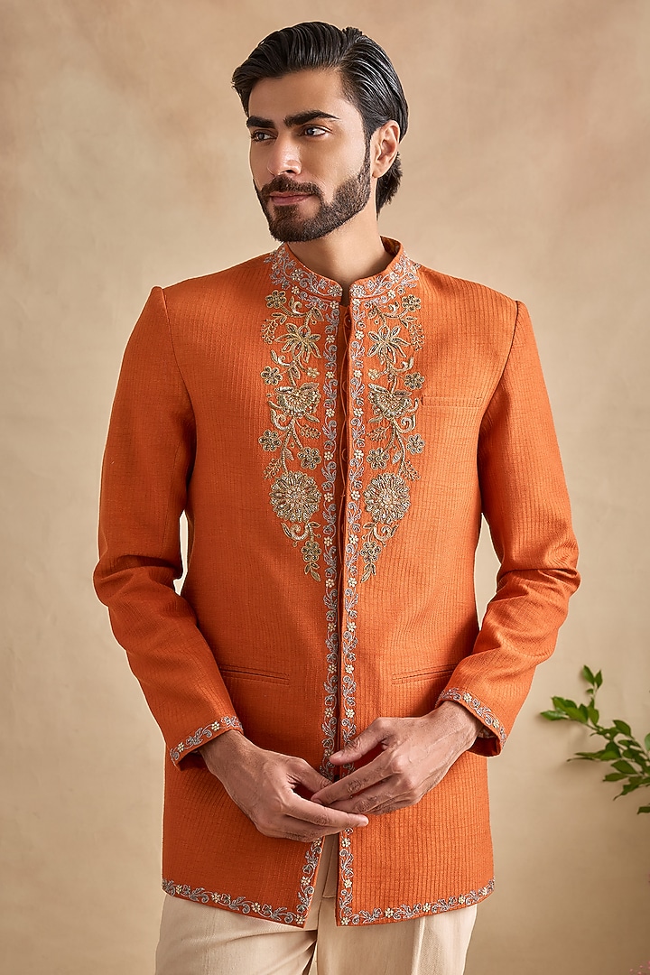 Orange Viscose Silk & Chanderi Embellished Wedding Bandhgala Set by Kalista Men at Pernia's Pop Up Shop
